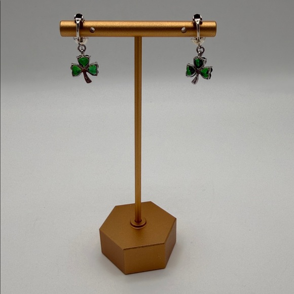 Shan Gre Jewelry - Shan Gre 925 Silver & Green Glass 3 Leaf Clover Drop Earrings